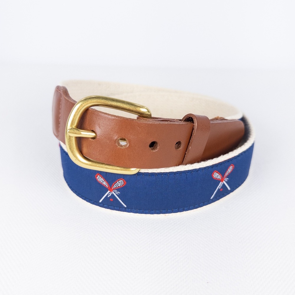 Classic Leather Man Ltd Navy Blue Lacrosse Belt Embroidered Brass Buckle 34